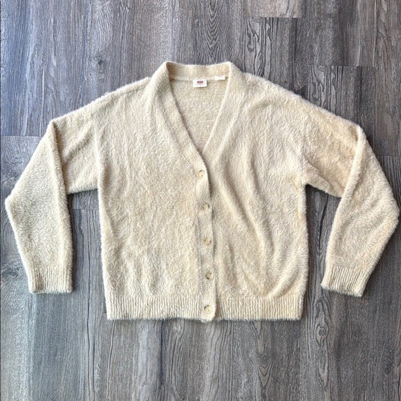 Levi’s Sweater White Fuzzy Betty Cardigan Sweater Relaxed Fit Size Small - Picture 1 of 16